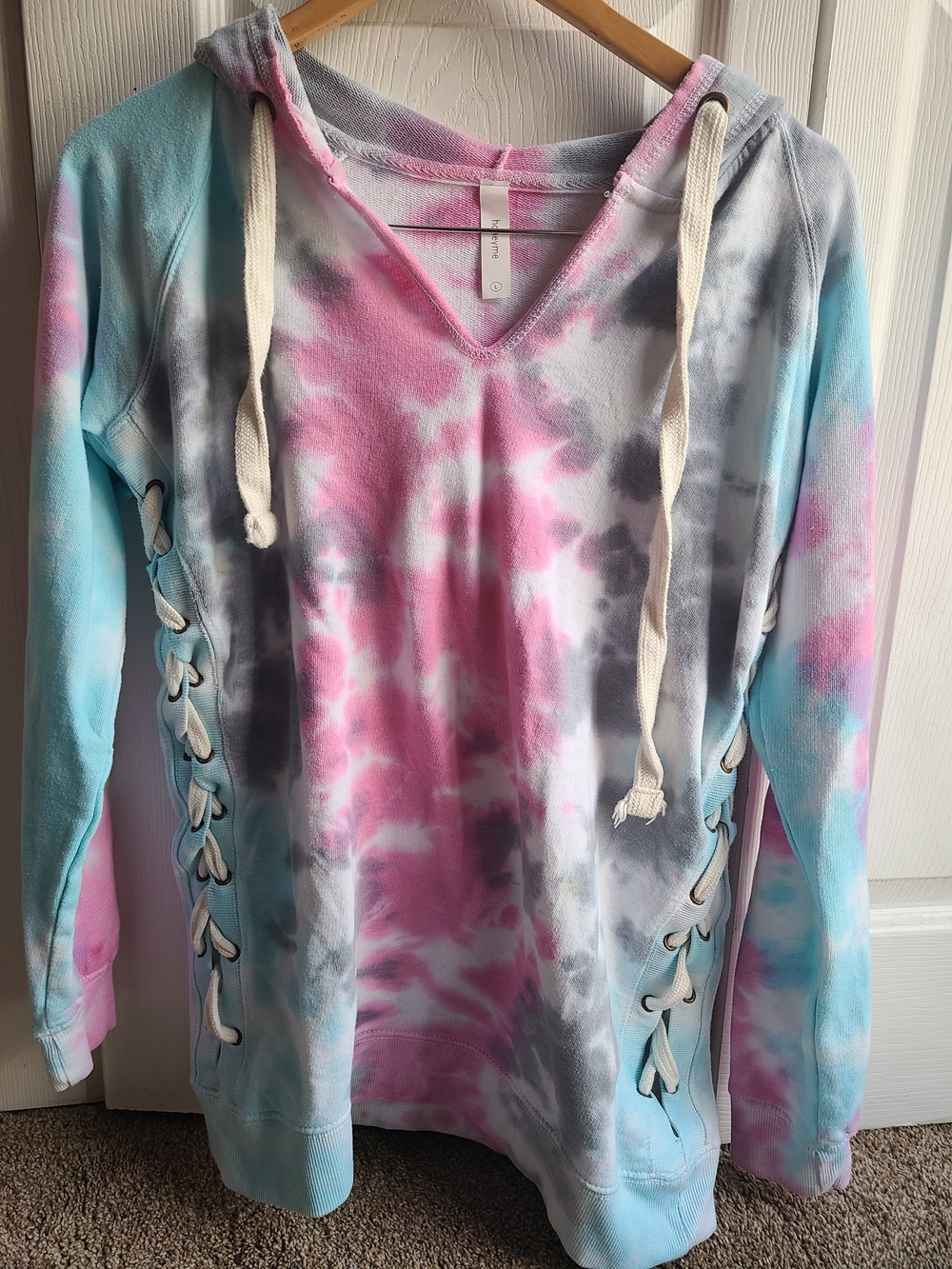 Honeyme Tie-Dye V-Neck Hooded Sweater - Pink Blue Gray